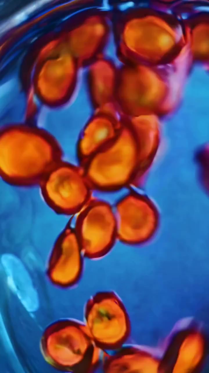 Abstract Macro View of Orange Liquid Droplets Floating in Blue Fluid