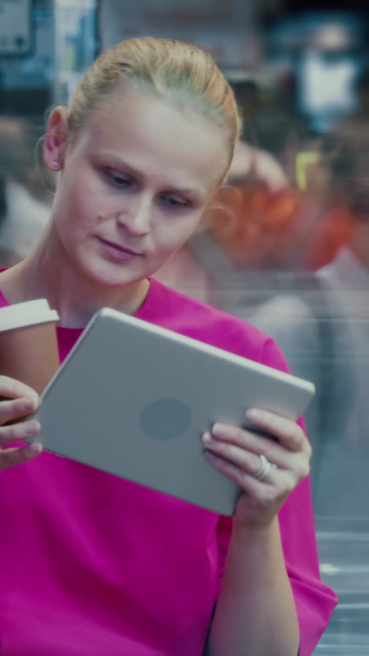 Donna in Piedi all'Aperto che Usa un Tablet e Tiene una Tazza di Caffè