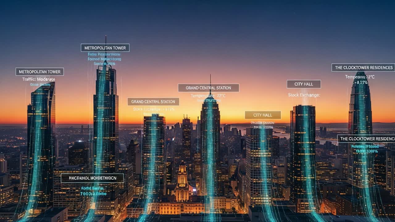 A Stunning Aerial View of a City Skyline Featuring Iconic Buildings Highlighted with Futuristic Connections at Sunset
