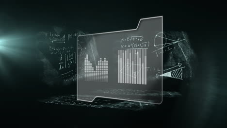 mathematical equations and graphs animation over digital folder icon