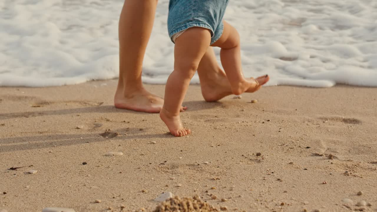 la madre está apoyando a su hijo para hacer los primeros pasos en la arena de la playa en verano.