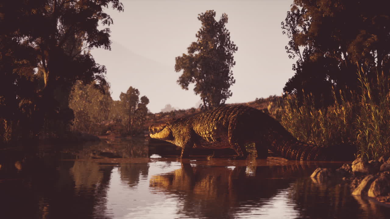 Crocodile walking along the riverbank in a serene natural setting at dusk