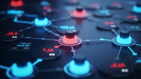 dynamic network visualization showcasing interactive nodes and alerts in a dark digital environment: a study in connectivity and alert mechanisms