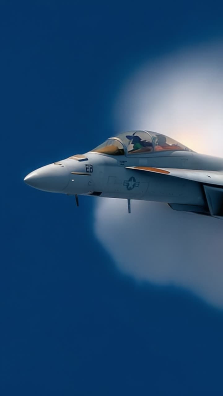 Ein Hochgeschwindigkeits-Militärjet durchbricht die Schallmauer und erzeugt einen dramatischen Kondensationskegel vor einem klaren blauen Himmel, der fortschrittliche Aerodynamik in Aktion demonstriert