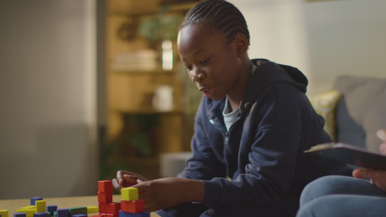 Boy On ASD Spectrum Being Helped Or Assessed By Female Teacher Or Educational Psychologist At Home 6