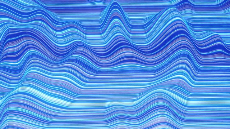 Bellissimo sfondo astratto di onde sulla superficie, gradienti di colore, linee estruse come una superficie di tessuto a strisce con pieghe o onde su liquido. Loop 4k. Linee luminose. Blu 4.