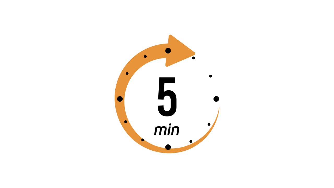5 분 타이머 기호: 색 바탕에 고립된 색상 스타일, 5 분 타임 서클 아이콘, 5 분 시계, 스워치, 요리 시간 레이블, 모션