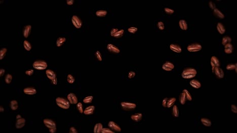 flying many coffee beans on black background. caffeine drink, breakfast, aroma. 3d animation of roasted coffee beans rotating. loop animation.