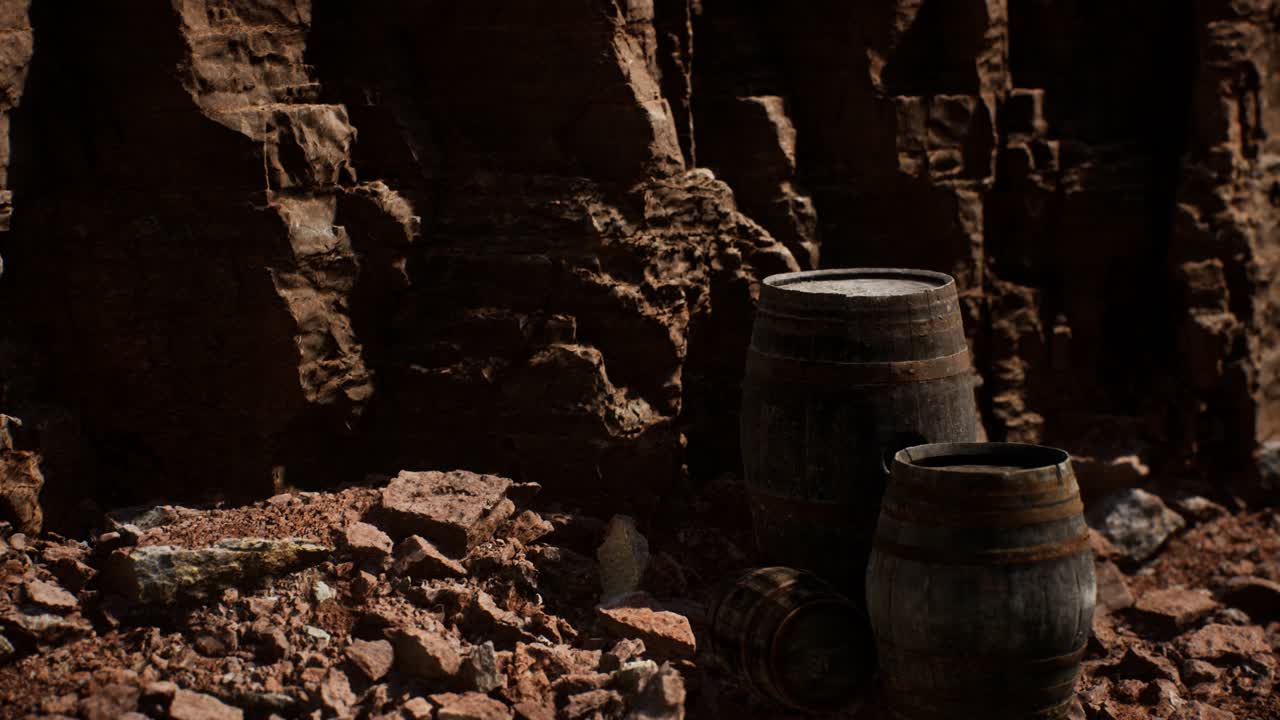 캐니언의 돌 벽 근처에 있는 오래된 목조 빈티지 와인 배럴