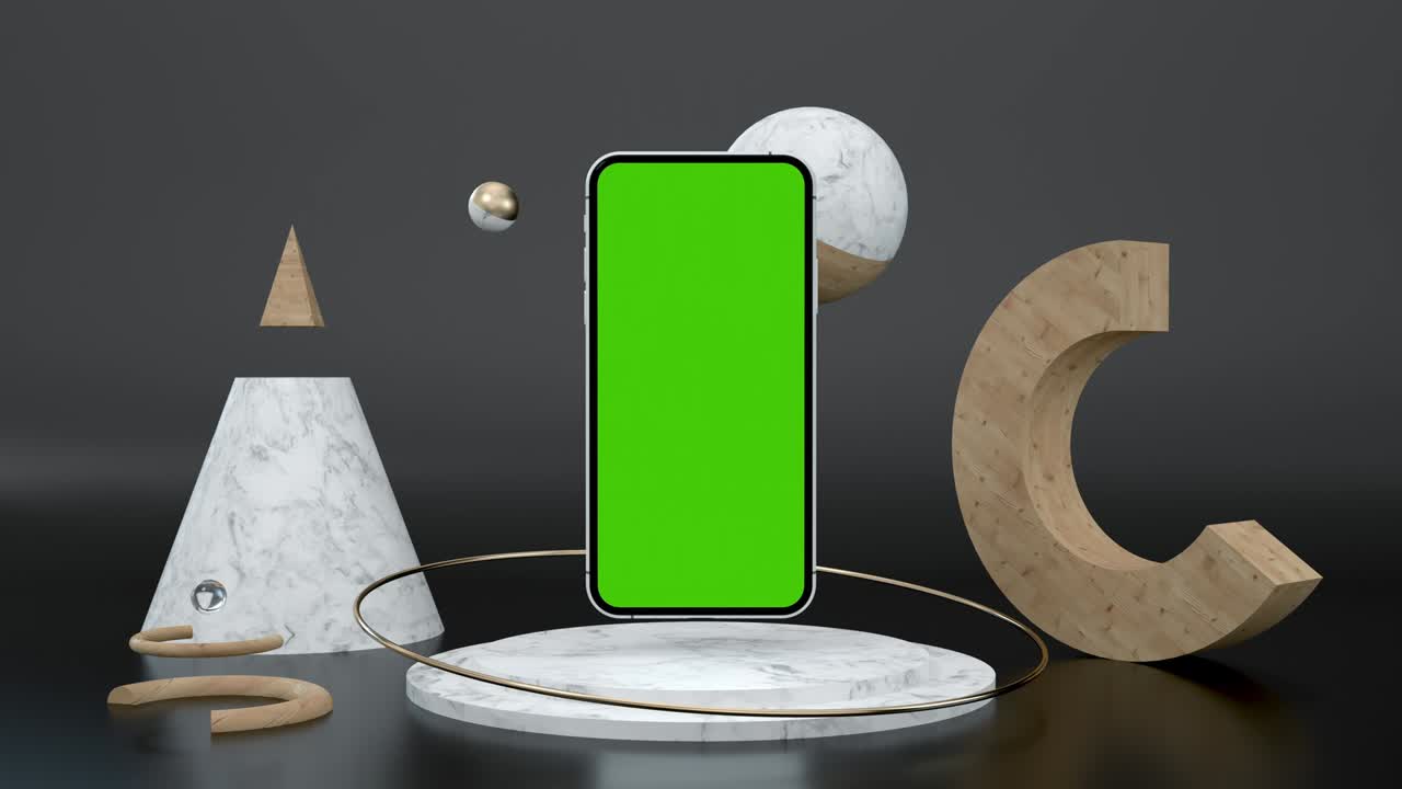 pantalla verde clara teléfono inteligente para presentación e blog de negocios aplicación de juegos. estilo abstracto pantalla clave de croma para publicidad maquillaje. animación 3d objetos de arte y teléfono pantalla verde fondo nadie