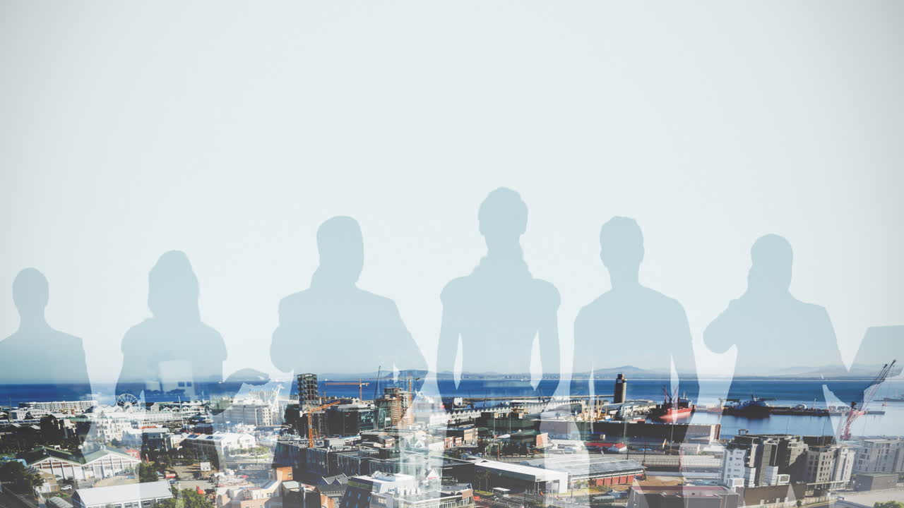 도시 풍경 과 해변 에 있는 사람 들 의 파란색 실루 ⁇  의 애니메이션