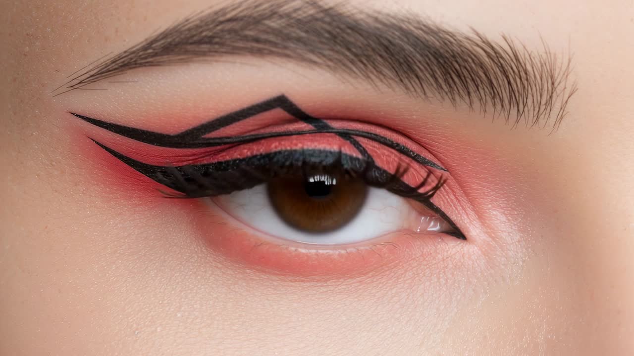 Blinking model's eye opening in studio closeup, showcasing black graphic liner and coral eyeshadow