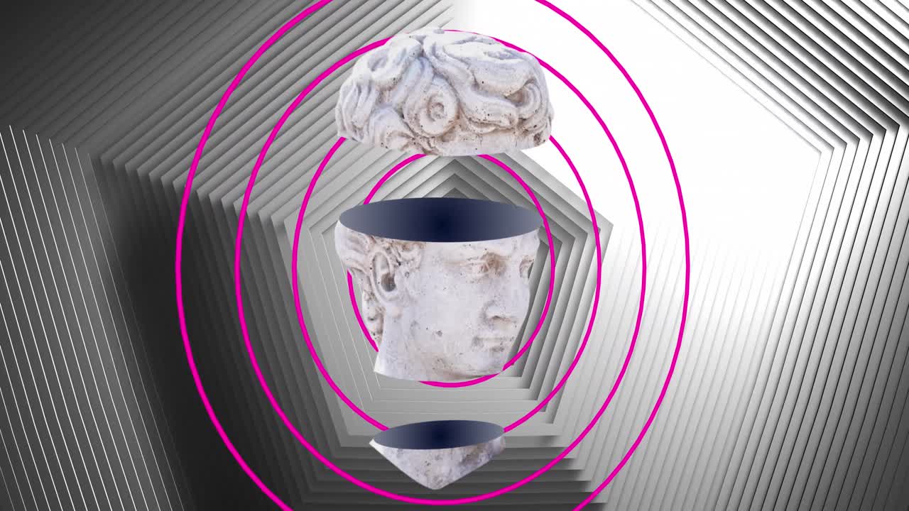 анимация сплетенного мужского классического скульптурного бюста, движущегося над розовыми кольцами и серыми шестиугольниками