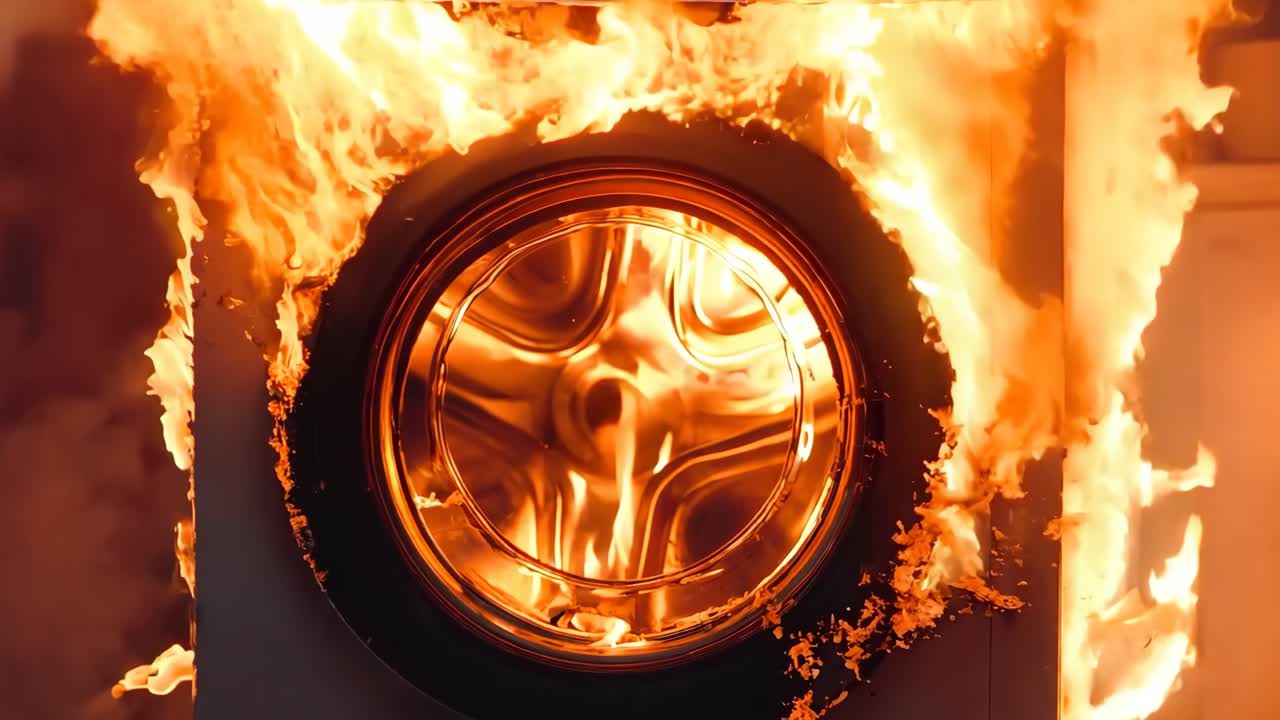 una máquina de lavar en llamas en el medio de una cocina