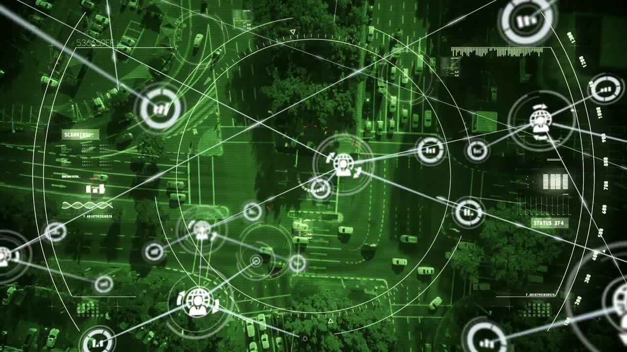 animación de la red de conexiones y escaneo de alcance sobre el paisaje urbano