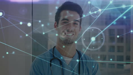 healthcare professional with digital network animation overlay, smiling in office setting