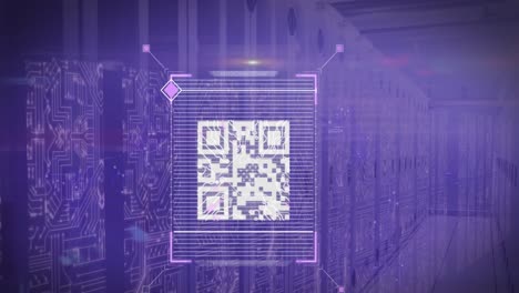 animation of data processing and qr code over server room