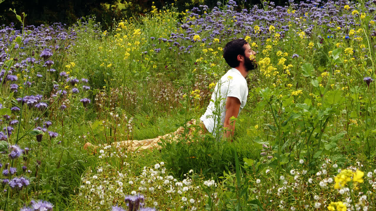 hombre realizando yoga en un campo