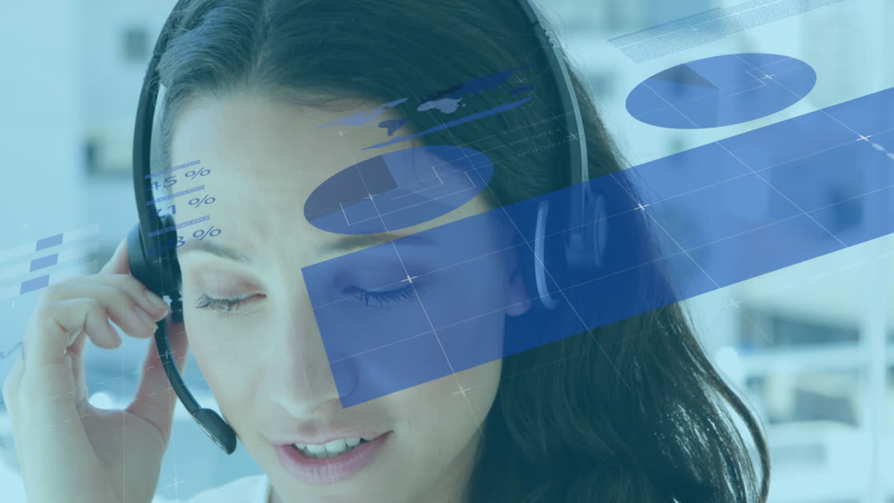 파란색 통계와 그래프의 애니메이션 여성 콜 센터 직원