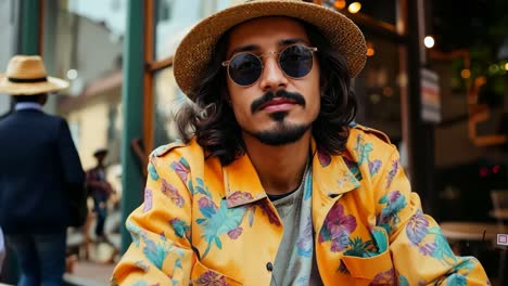 a man wearing a hat and sunglasses sitting at a table