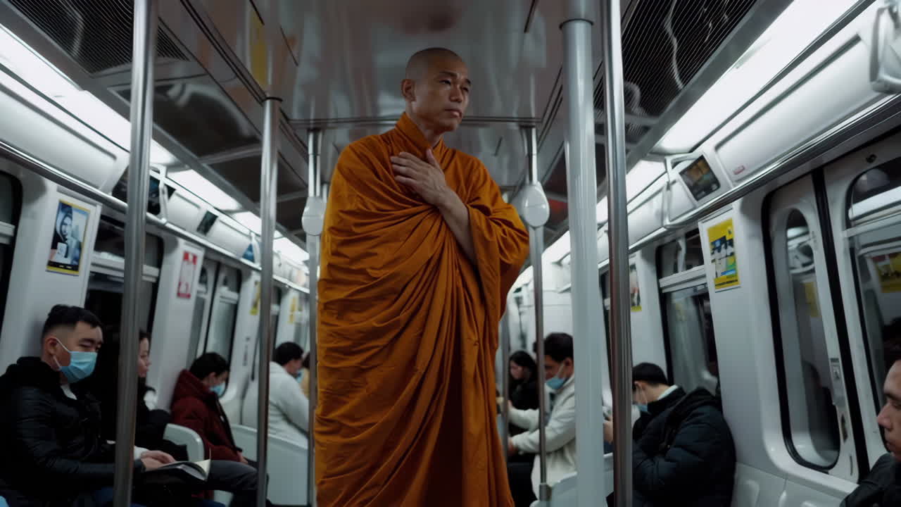monje en un vagón del metro