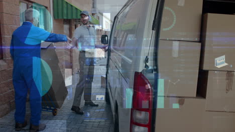 statistical data processing over caucasian male delivery man shaking hands with senior male worker