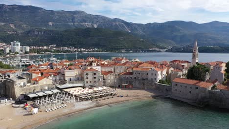 aerial shot of old town of budva in montenegro, on a adriatic seaside