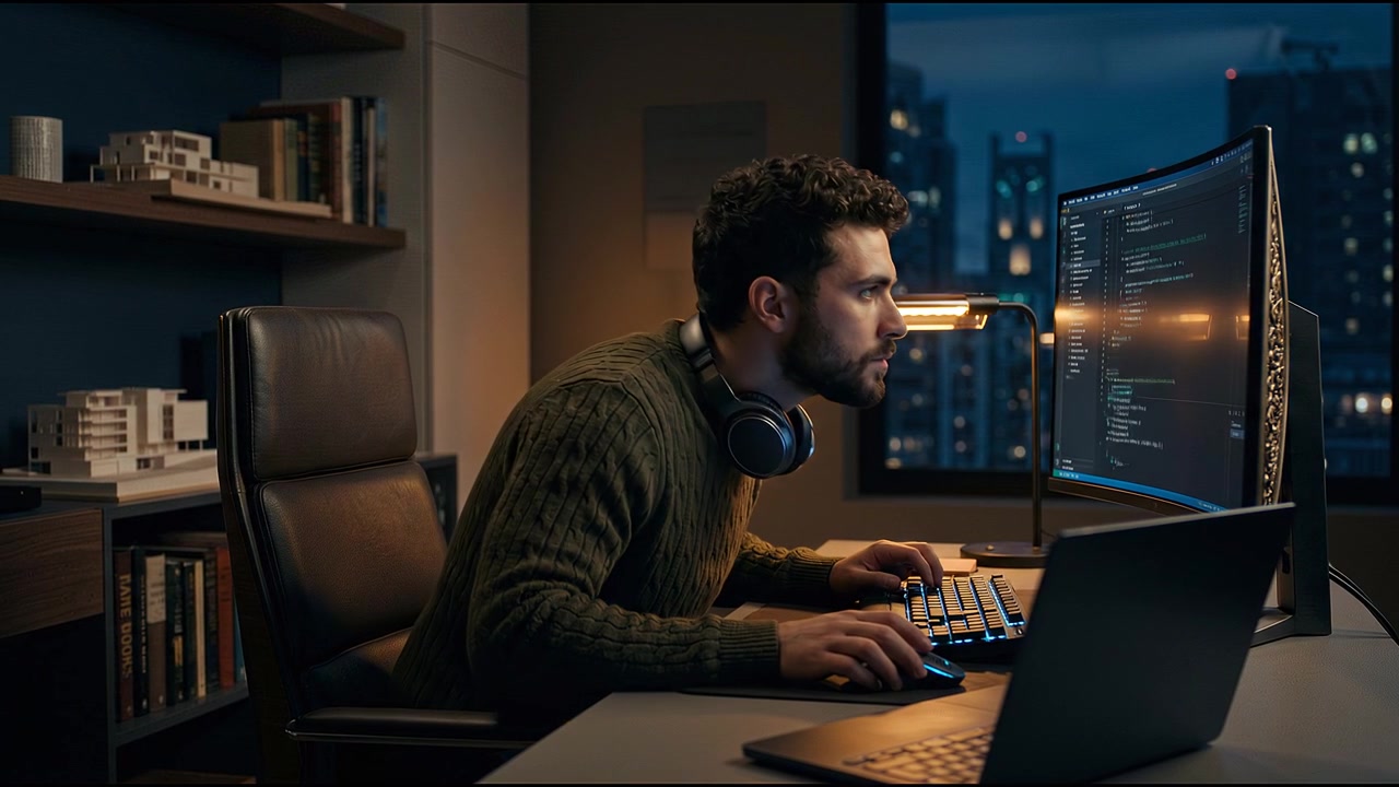 Focused developer programming on desktop workstation beside illuminated city skyline during evening hours