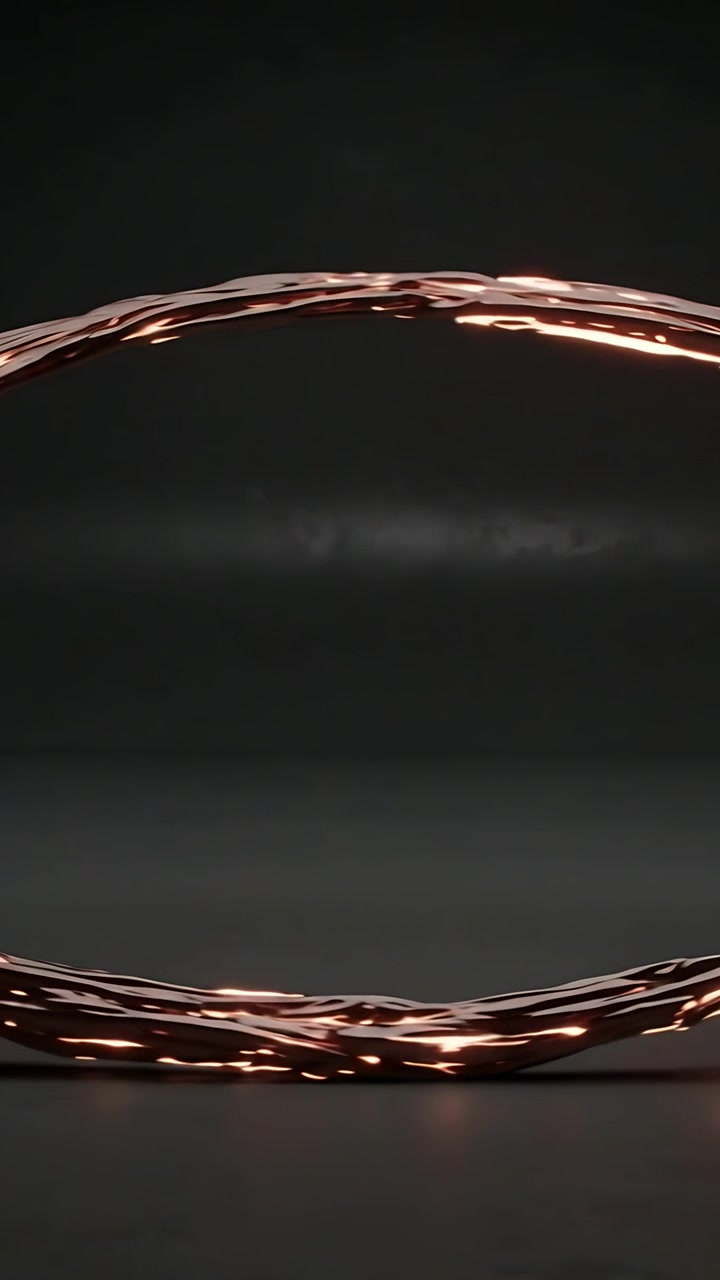 Vertical video: Rising from bottom copper ribbon looping above plane in dark studio, showing glints