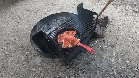 Cocinar-Salmón-Rojo-En-Una-Sartén-De-Hierro-Fundido-Rojo-Sobre-Una-Fogata-Mientras-Atiende-El-Fuego