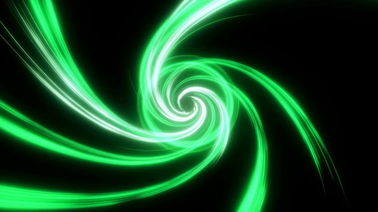 Emerald Spiral On Black Background, Neon Green Ribbons Curl Into Bright Core, Slow Hypnotic Rotation