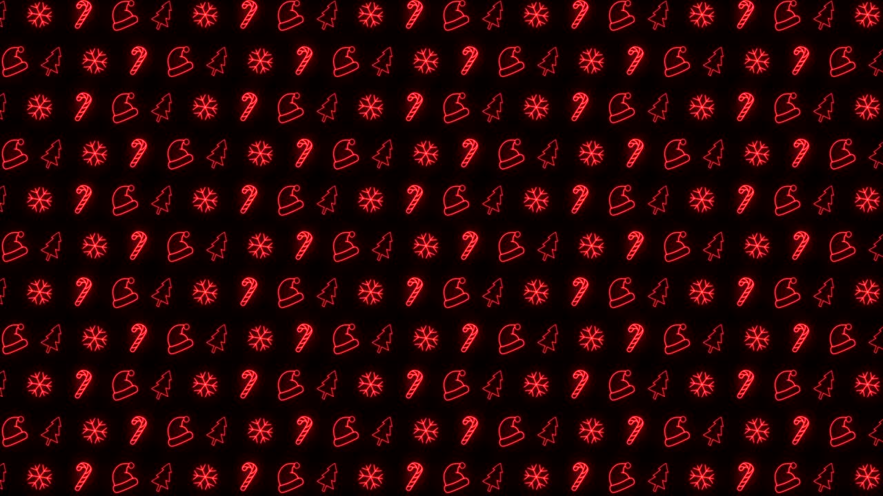 빨간색과 검은색 반복 애니메이션에서 크리스마스 트리, 눈송이, 산타 모자, 사탕 지팡이의 네온 크리스마스 패턴 배경