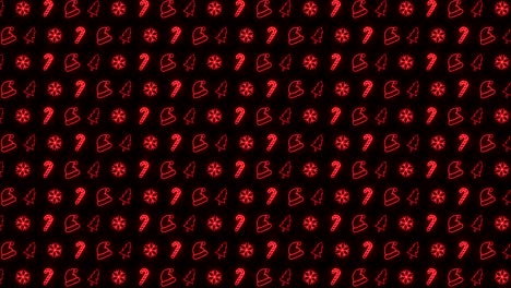fondo de patrón de navidad de neón de árbol de navidad, copo de nieve, sombrero de santa y bastón de caramelo en animación de bucle rojo y negro