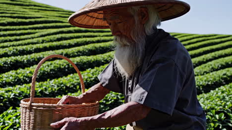 elderly tea farmer harvesting tea leaves in a tea plantation