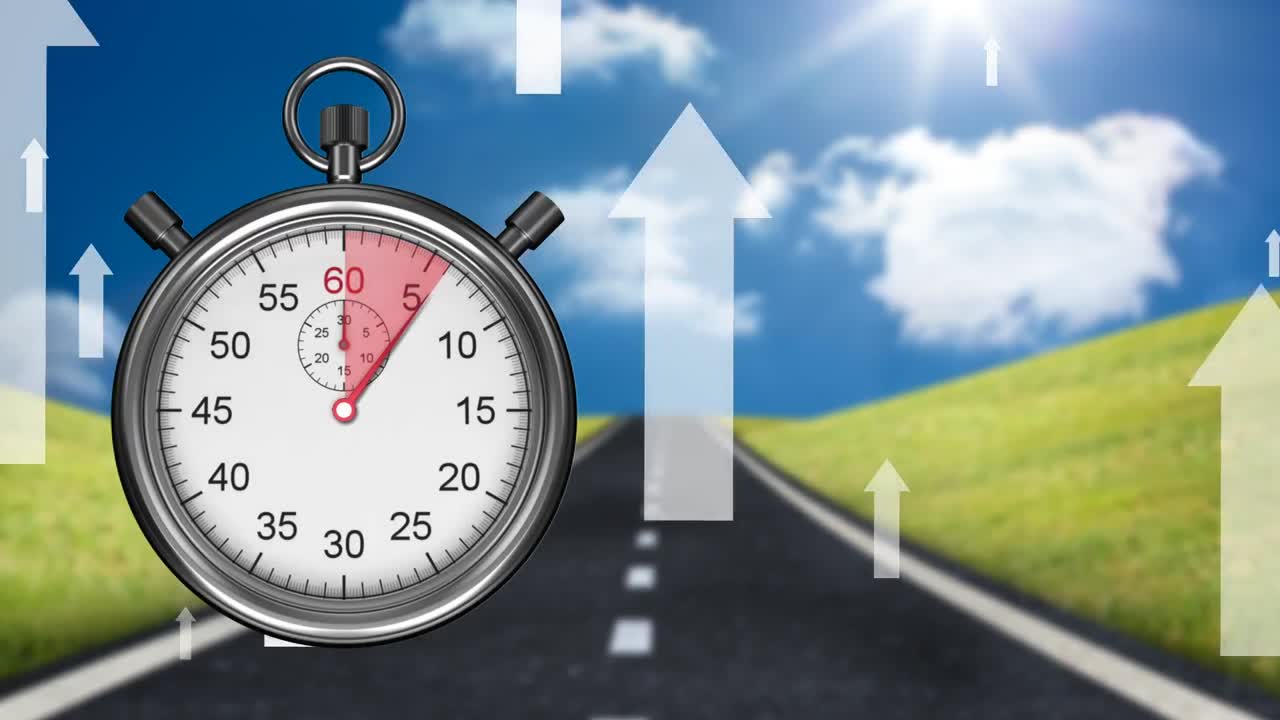 도로와 함께 풍경 위에 막대기와 화살표의 애니메이션