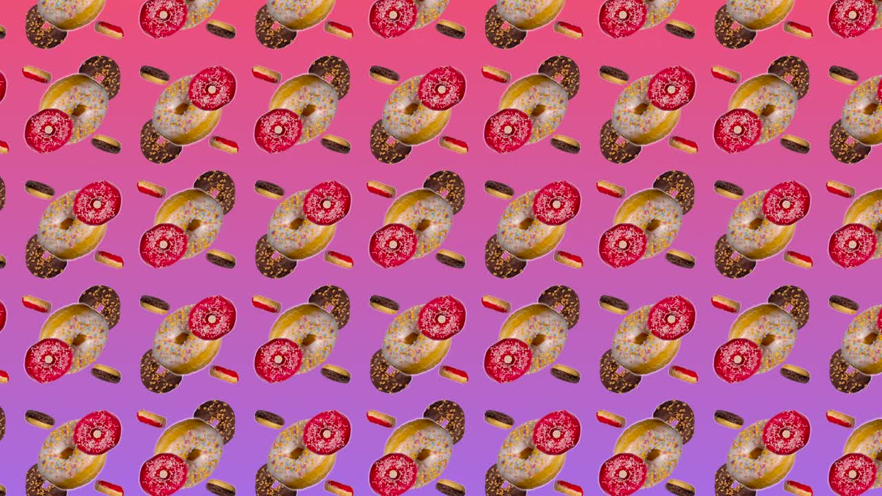 abstracto animación colorida - vista lateral diferentes rosquillas se mueven hacia arriba circulando diagonalmente en fondo de gradiente rosa - bucle sin costuras.