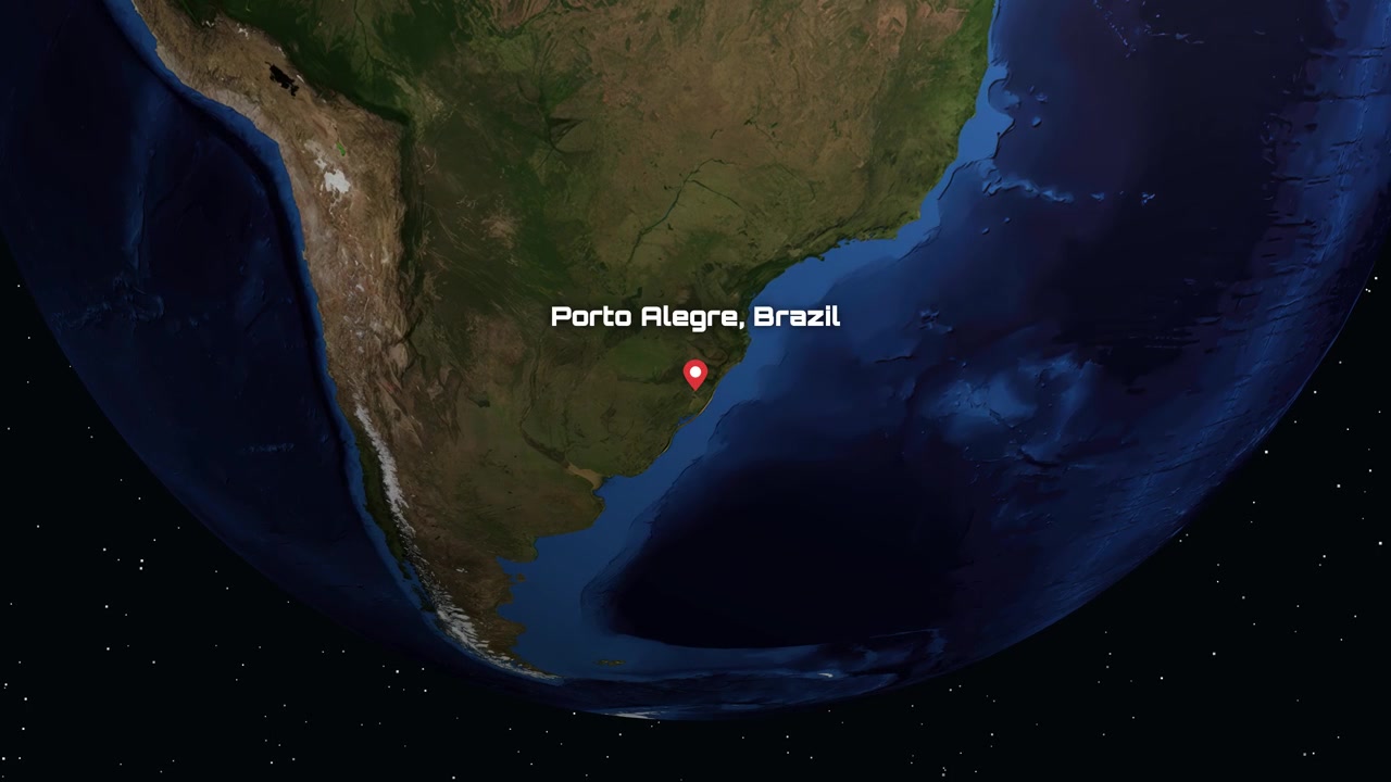 Animasi digital memperbesar dari bola dunia yang berputar di luar angkasa ke sebuah pin di Porto Alegre, Brasil