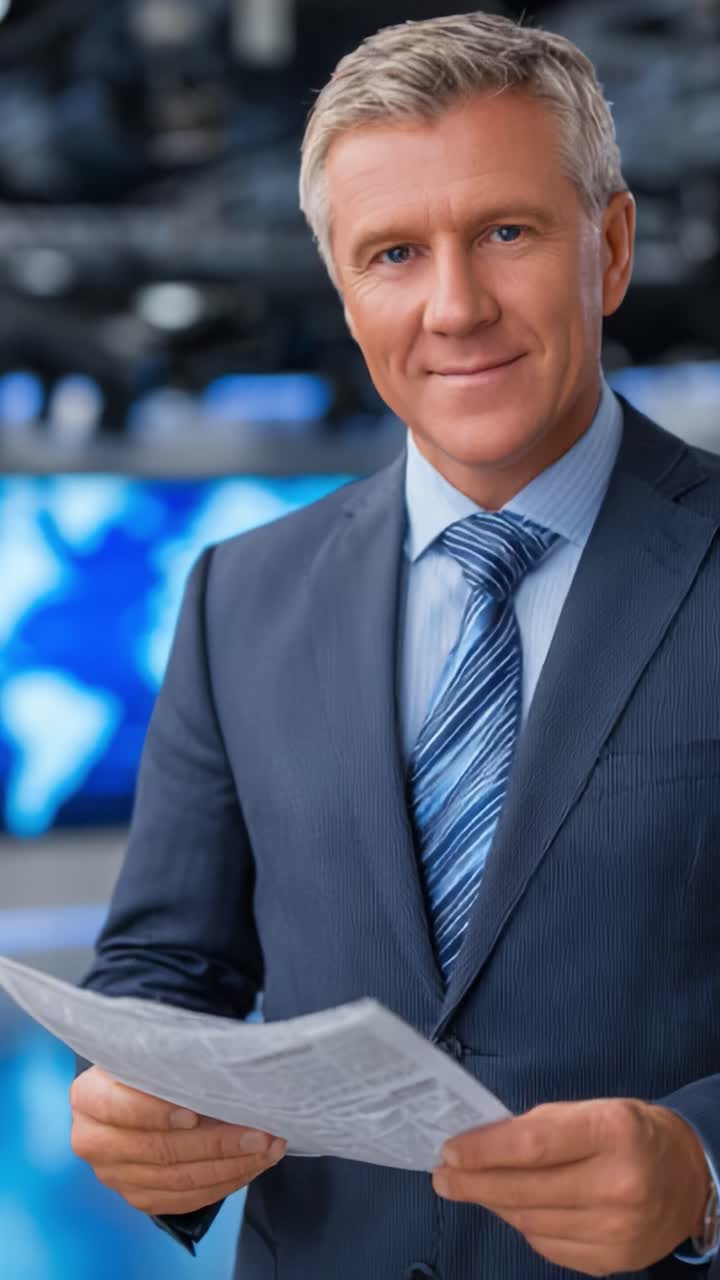 Profesjonell nyhetsanker rapporterer med fatning og selvtillit mens han holder en avis i et moderne studio med en dynamisk bakgrunn