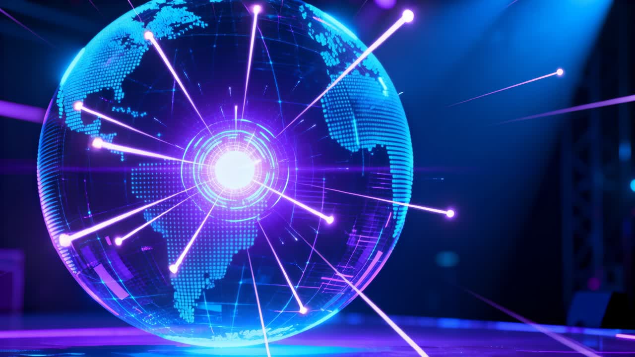 Pulsing hologram globe pulsing core, sending beams and gridlines across stage, signaling network