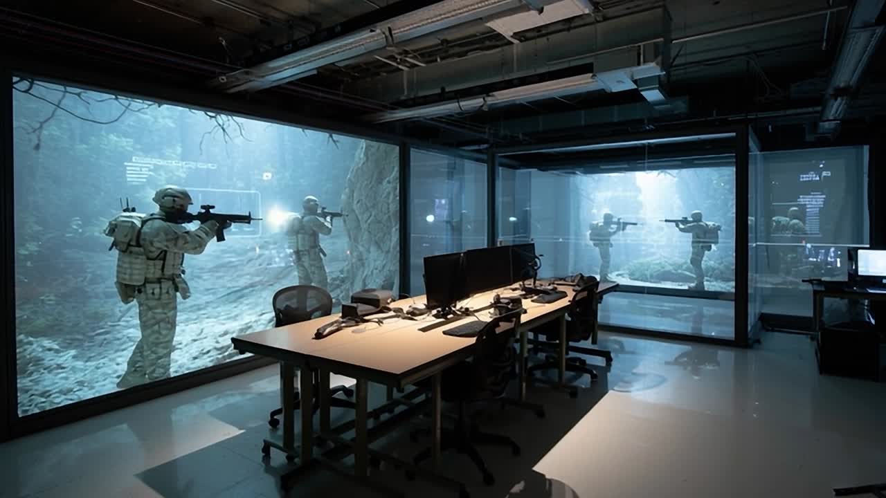 Militært treningsanlegg simulerer kampscenarier i mørke omgivelser.