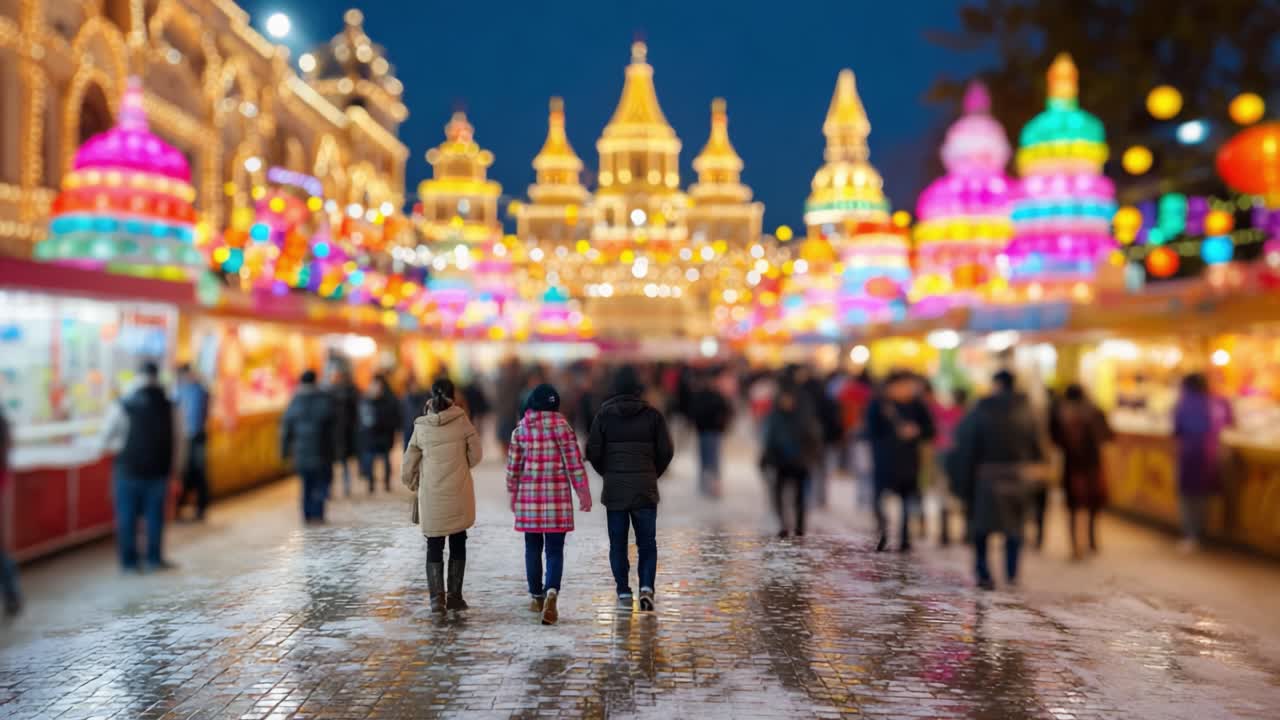A Vibrant Night at the Festival: Families and Friends Enjoying the Colorful Lights and Bustling Atmosphere of the Winter Market in a Magical Wonderland