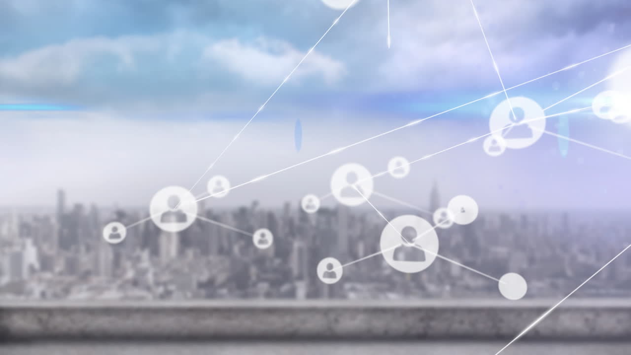 도시 풍경 배경에 대한 연결 네트워크 및 데이터 처리 애니메이션