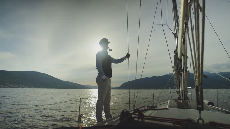 Capitano su uno yacht al tramonto