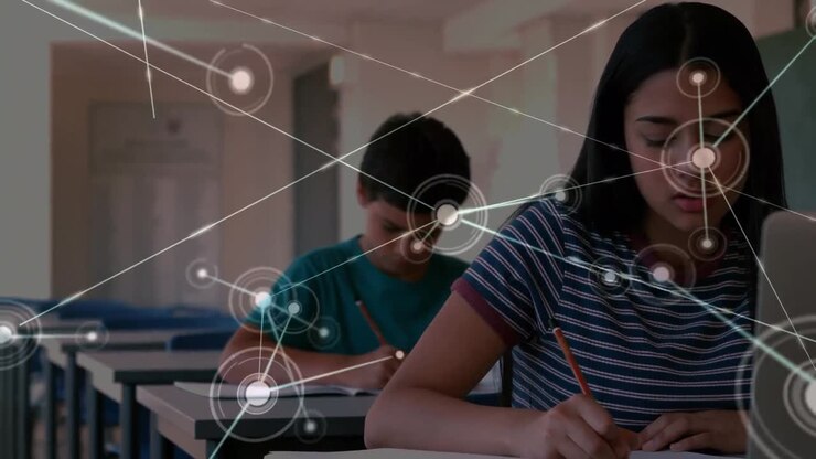 Animation of network of connections over caucasian girl studying in the class at school