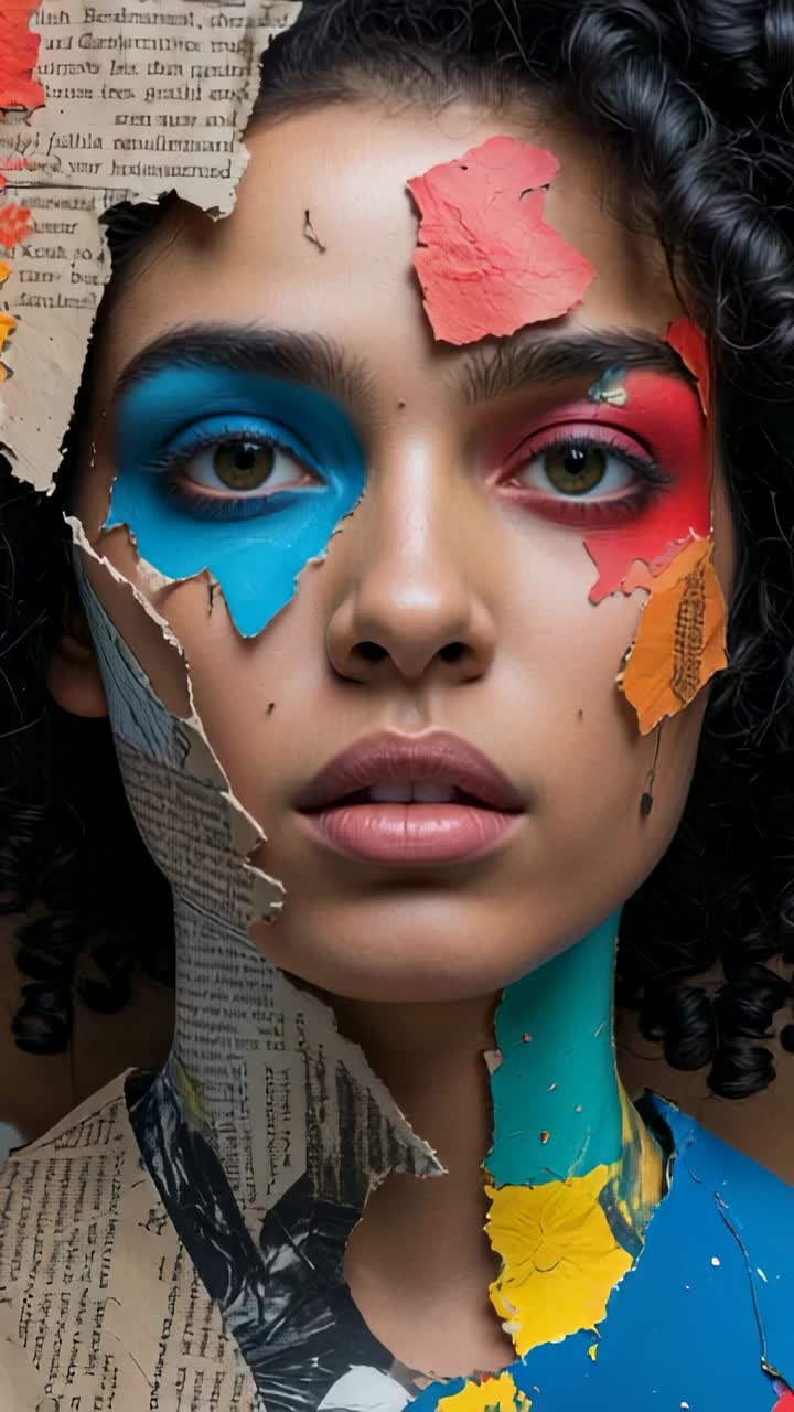 Vertical video: Model gazing, tilting head in portrait, with painted newspaper fragments settling