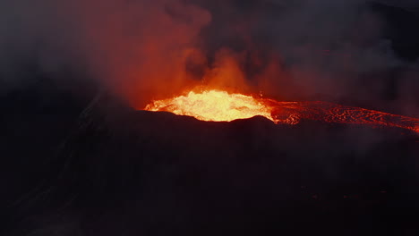 Pull-back-footage-of-active-volcano.-Magma-gushing-from-crater-and-flowing-down-in-stream.-Fagradalsfjall-volcano.-Iceland,-2021