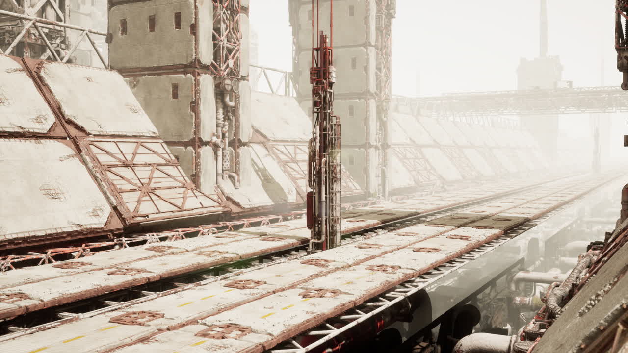 버려진 산업 폐허가 안개가 가득한 포스트 아포칼립스 풍경 속에