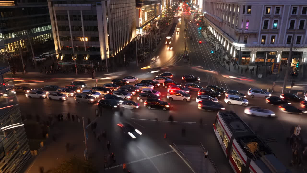 Busy City Intersection at Night with Traffic Light Trails