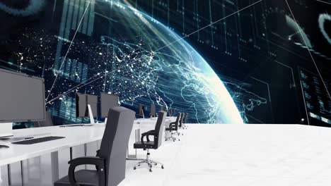animation of network of connections over empty office and globe