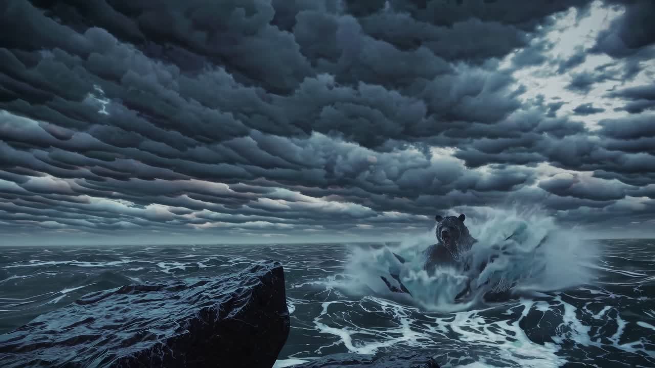 un oso emergiendo del mar tormentoso